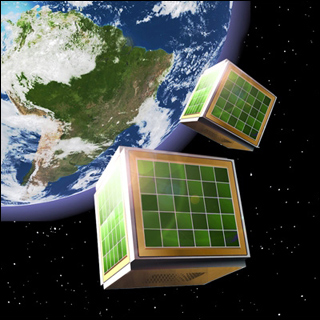 The graphic shows two cube satellites, or CubeSats, orbiting around Earth, which is shown far off in the background.