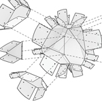 Drawing of a polygonal all-like figure with faces called out by projection lines.