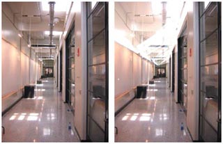 Two photos of the same corridor. Left one is of the original corridor. The right one has a new lighting scheme that brightens the ceiling. 