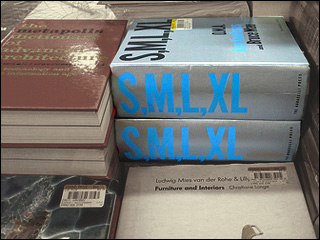Stacks of books on a table, with the silver-covered books with blue lettering as the focal point.