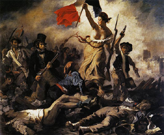 A painting of a woman, her breasts exposed, hoisting the French flag as she leads armed men across a battlefield.