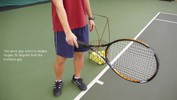 The right hand holds the racket near the end of the handle, with the palm facing the ground, the strings facing right and left, and the head pointing towards the net.
