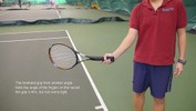 Holding the racket to the side, the underside of the grip is visible; the fingers are at a 45 degree angle with the end of the racket.