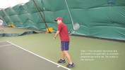 The racket is now held in the right hand, pointing directly away from the net, still tilted up and aligned with the vertical.