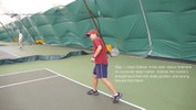The racket swings back with the right hand, with weight on the right foot.