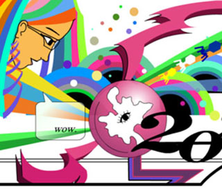 Colorful stylized cartoon of a woman looking at a synthetic biology creation.