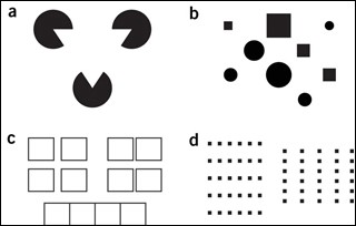 A is three black circles with a white triangle superimposed. B is a smattering of black circles and squares of various sizes. C is squares arranged together. D is pixels arranged in matrix with different spacing between the rows and columns.