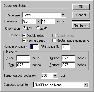 Document Setup dialog box in Pagemaker.