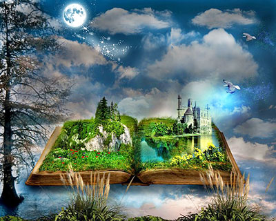 A graphic of an open book with a fantasy world landscape spread across the pages.