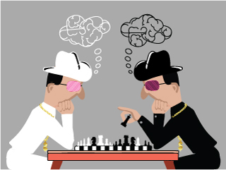 A cartoon of two people facing each other with a chessboard in between them. Above them, float images of partitioned brains.