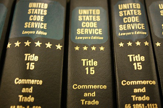 Photograph of book spines for US Title 15 Commerce regulations. 