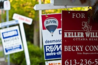 Photograph of several real estate 'For Sale' signs.