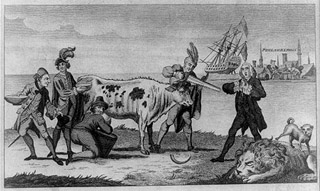 Political cartoon depicting 18th century Euro-American economic relations.