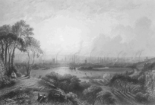 Cottonopolis, black-and-white engraving by Edward Goodall (1795-1870) of smoke rising from the textile mills in Manchester, United Kingdom.