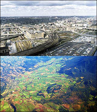 Two aerial photos, one of undeveloped land in Mexico, the other an industrial city.