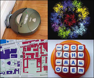 Photograph of a Roomba vacuum robot, virus model, MIT campus map, and Boggle game board.