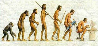 Graphic of seven figures in an evolutionary arc, starting with a monkey, with a figure standing upright in the middle, ending with a person hunched over at a computer.