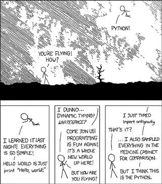 Comic strip showing how easy it is to do anything in Python, even fly.