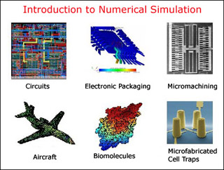 Graphic showing images associated wtih circuits, electronic packaging, micrmachining, aircraft, biomolecules, and microfabricated cell traps.