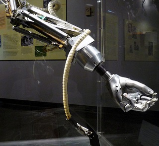 A photo of the Minsky Arm, a robotic arm, taken at the MIT Museum.