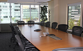 Office conference room with a large wooden table in the middle of the room.  Fourteen black chairs on wheels arranged around the table. Windows on two walls. Potted small tree in the rear right hand corner of the room.