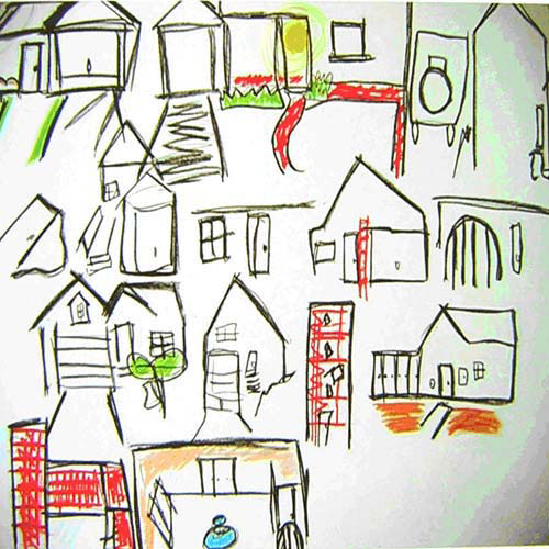 Hand-drawn picture of houses the artist has inhabited.