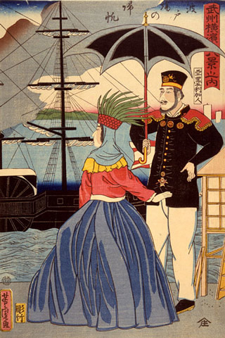 A painting with a man and a woman standing at the pier with a sail boat in the background, and the man is holding a parasol.