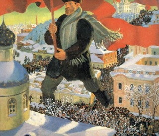 A painting by Boris Kustodiev of a giant Bolshevik walking through the streets godzilla style.