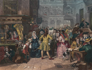 A color painting depicting an elegantly dressed crowd gathered around a long-haired gentleman reading from a document.