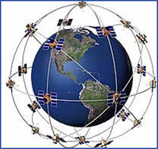 Diagram of global network of satellites around the earth.