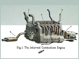A car engine connected with pipes.