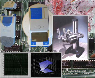 Collage of circuit board, medical devices and a tissue sample.
