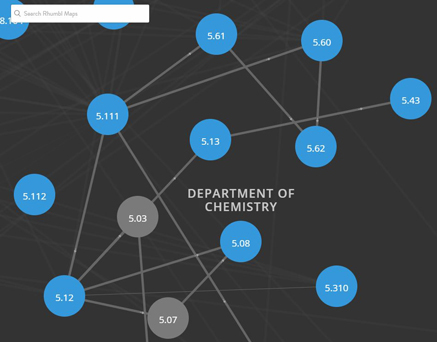 a screenshot of the curriculum map containing a cluster (department) of grey and blue dots (courses).