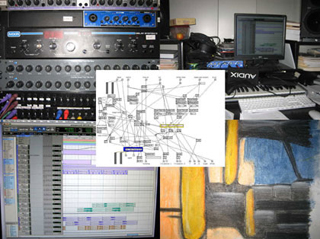 Collage of photos: audio processors, MIDI keyboard connected to computer, screenshot of Max/MSP, and a pastel drawing.
