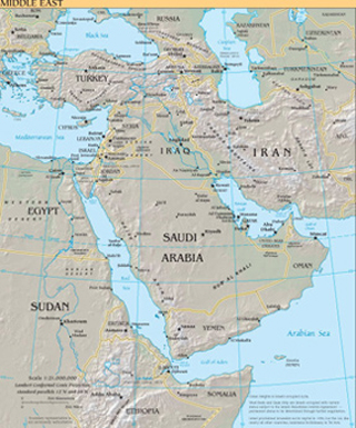 Map showing Saudi Arabia, Yemen, Oman, Iraq, Iran, Turkey, Egypt, Israel, Lebanon.