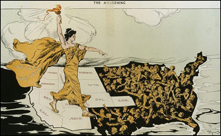 A torch-bearing woman, wearing a golden dress embroidered with the words Votes for Women, marches across the western states in the U.S. towards the eastern and southern states where a crowd of women beckons her.