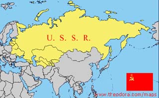Map of the former Soviet Union and a Soviet flag.