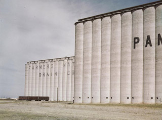 A photo of two rows of tall concrete grain elevators with a few railroad cars.