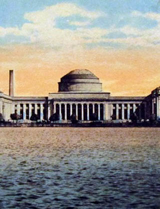 An illustration of the main building of MIT as seen from the Charles River.
