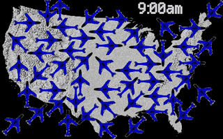 Animated illustration of the rapid decrease in commercial air traffic over the continental United States from 9:00 am to 12:00 pm on September 11, 2001.
