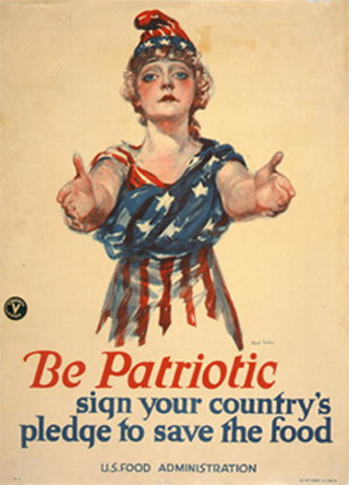 U.S. Food Administration poster, Circa 1918.  The poster shows a woman clad in an American flag, with arms extended.
