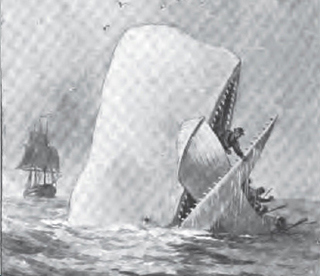 Drawing of the white whale's head rising from the ocean, biting a rowboat in half.