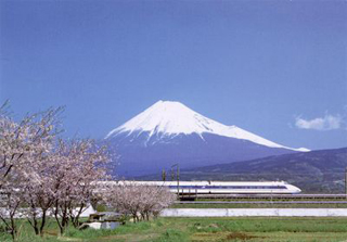 Shinkansen and cherry trees, with Mt. Fuji in the background.