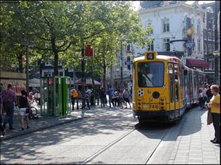 Photo of a tram in Amsterdam.