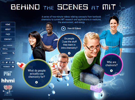 A screenshot of the Behind the Scenes at MIT website, featuring images of 5 people ranging from student to researcher to instructor, surrounded by chemistry-themed equipment and imagery.