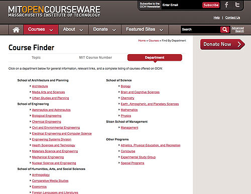 Screenshot of the browse by department course finder feature.