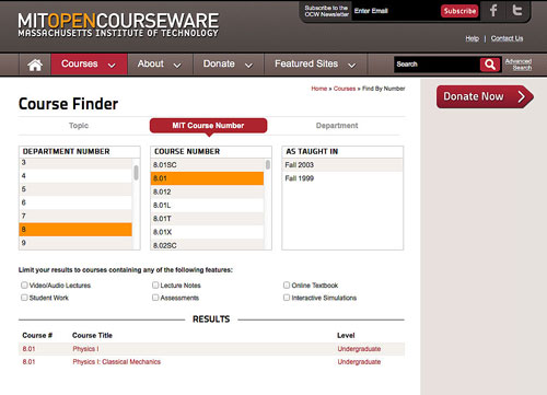 Screenshot image of the browse by MIT Course Number feature of the Course Finder