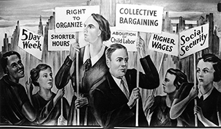 Men and women holding signs with slogans such as Higher Pay and 5-day Week.